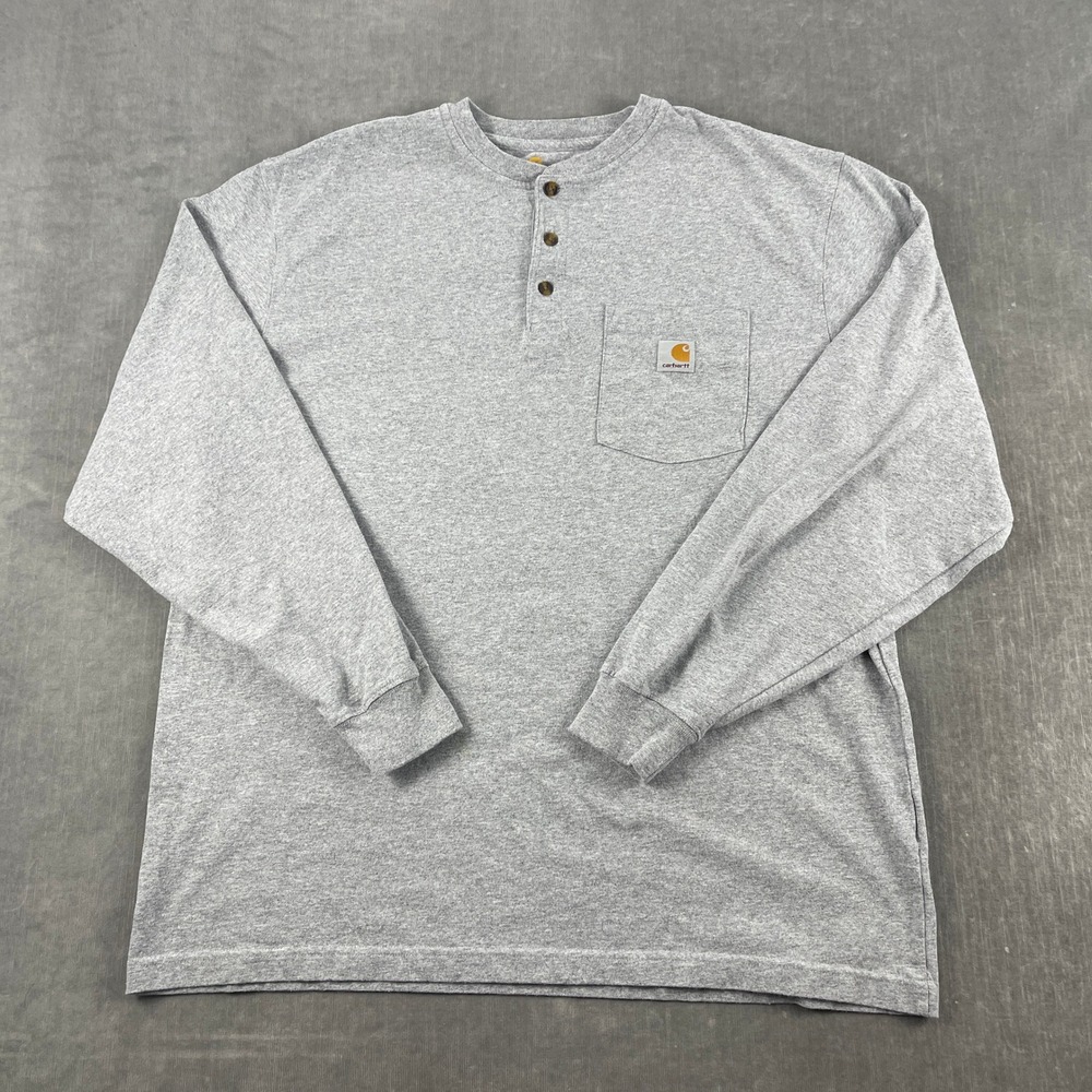 Carhartt Mens L Gray Henley Long Sleeve Shirt Pocket Workwear K128 HGY